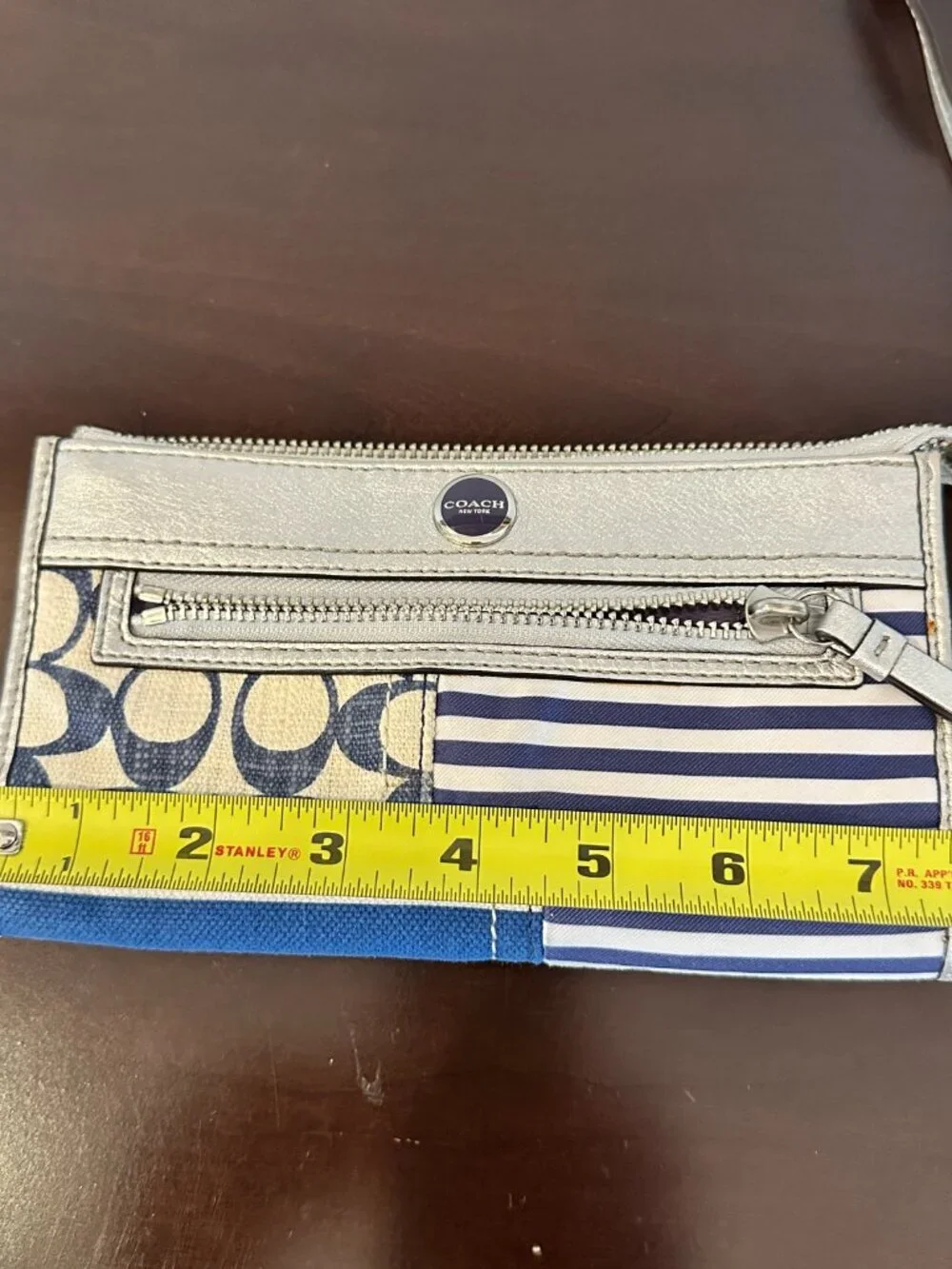 Coach Metallic Silver Leather/Canvas Patchwork Zip Wallet Wristlet Blue White